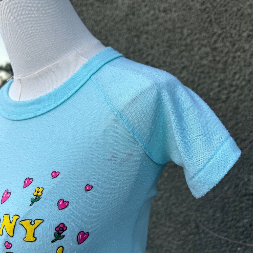 Vintage 70s Somebunny Loves You T Shirt Women Blue Bunny Graphic Raglan - Picture 5 of 7